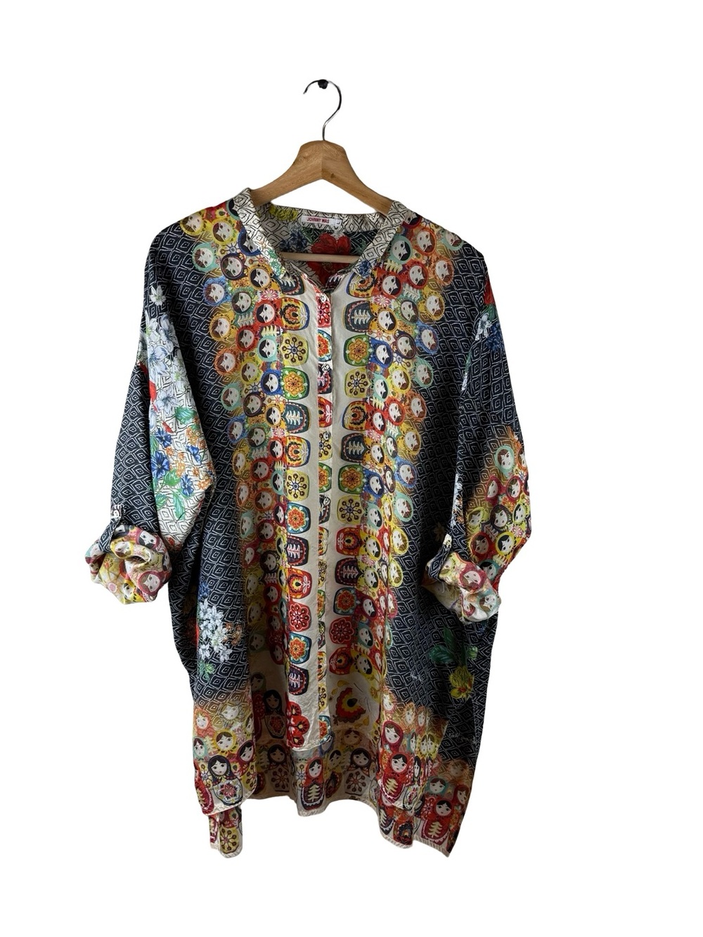 Johnny Was Babette Nesting Dolls 100% Silk Blouse Top Tunic L OVERSIZED - Picture 2 of 8